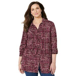 Catherines Size 1X Timeless Blouse Button-Up Shirt Midnight Berry Painte…